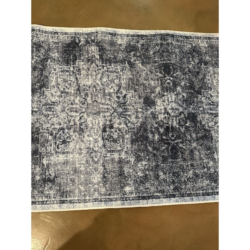 Washable Rug  2'6"X7' Adiva Rose Collection ROS24 Hallway Runner Navy Blue White